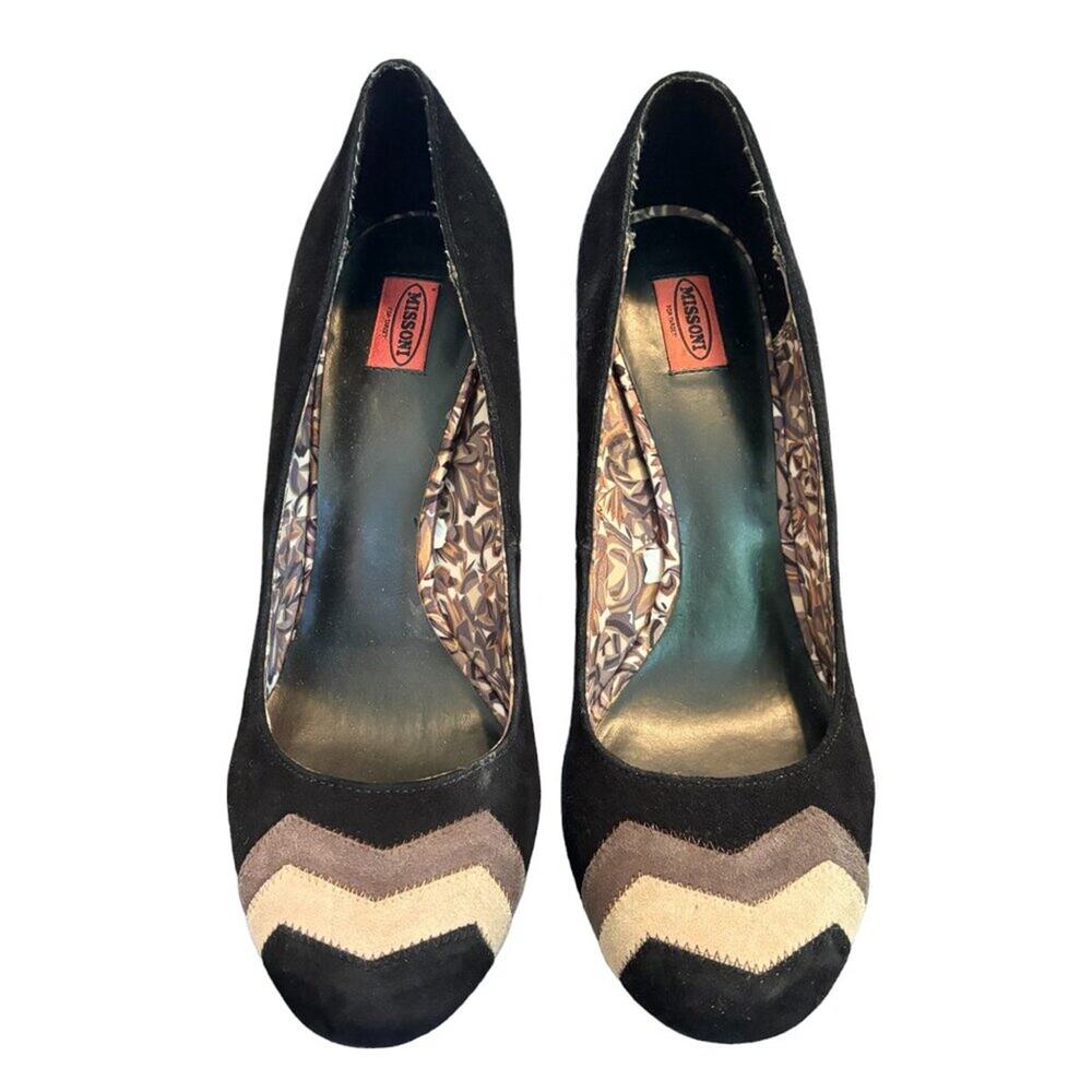 NEW MISSONI Heels Black Suede Chevron Design Block Heel Leather sole SZ 10